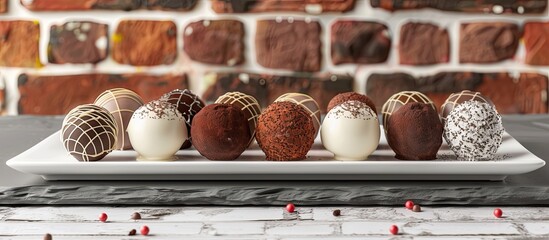 Sticker - Various flavored sweet truffles beautifully displayed on a white plate against a brick wall with copy space image