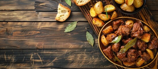 Poster - Wooden board showcasing stewed meat with bay leaf accompanied by crispy potatoes and bread with a prominent copy space image