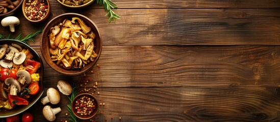 Top view of a table set with a vegetarian and vegan meal featuring shiitake dried mushrooms as a snack with a blank area for a copy space image