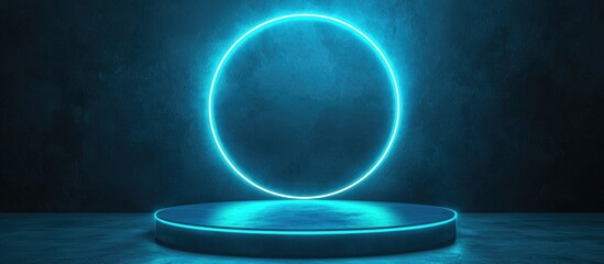 Poster - 3D blue podium illuminated by a glowing neon circle in a dim environment technology concept product display mockup showcase setting