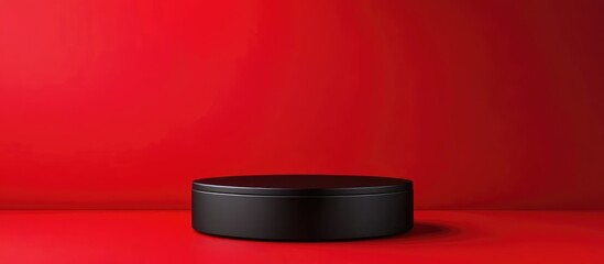 Poster - 3D Black Podium on Vibrant Red Background for Contemporary Product Presentation and Technology Mockup