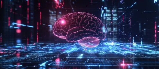 Poster - 3D Illustration of a Digital Brain Hologram Interface Concepts of Artificial Intelligence Deep Learning and Network Technology
