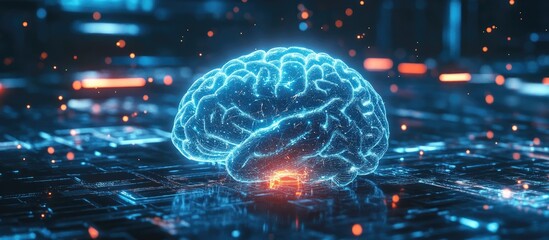 Poster - 3D Illustration of a Digital Brain Hologram Interface Concepts of Artificial Intelligence Deep Learning and Network Technology