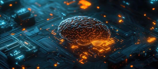 Poster - 3D Illustration of a Digital Brain Hologram Interface Concepts of Artificial Intelligence Deep Learning and Network Technology