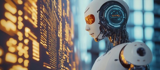 Poster - 3D Illustration of Future Financial Technology Driven by AI Robots Utilizing Machine Learning and Artificial Intelligence for Business Data Analysis and Investment Guidance