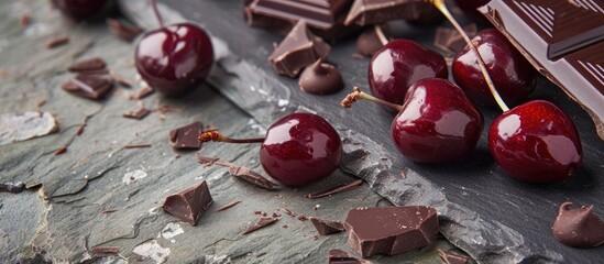 Sticker - Close up display of fresh cherries paired with chocolate on a rustic grey wooden surface creating an inviting arrangement for a copy space image