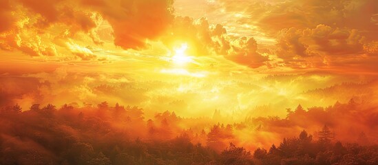 Wall Mural - Vivid orange and yellow sunrise cascades over a sprawling forest as dramatic clouds deepen the scene Ample copy space for image