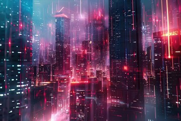 Wall Mural - cyberpunk cityscape with holographic data streams and glowing network connections blend futuristic architecture with digital elements dynamic highcontrast composition