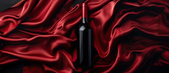 Wall Mural - Top view of a bottle of red wine against a black backdrop with red satin providing a copy space image