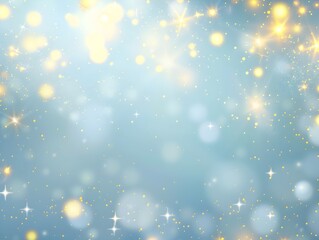 Poster - Light blue background with a light yellow glow, blurred light spots around the edges of the picture, shiny sparkles flying through the air, creating an atmosphere