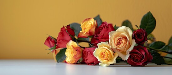 Poster - A white table adorned with a lovely arrangement of red and yellow roses providing a charming copy space image