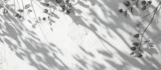 Wall Mural - White concrete surfaces with leaf and branch shadows create a natural pattern with light gray shadows against a view perspective background offering copy space image