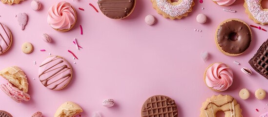 Sticker - Frame crafted from various cookies on a pink backdrop with copy space image