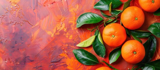 Wall Mural - Top view of fresh ripe mandarins with green leaves on a colorful background with copy space image