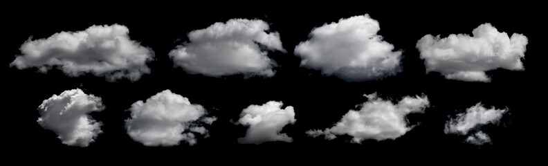 Wall Mural - Clouds set isolated on black background. White cloudiness, mist or smog background. Design elements on the topic of the weather. White cloud collection.