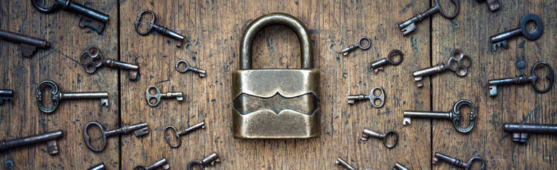 Fototapete - Antique door lock and old keys on a tree. Find your matching key to the lock. Concept and idea on the topic of security, history, protection, guard, secret, preservation, etc. Retro style.