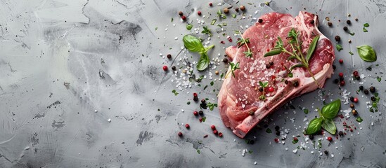 Canvas Print - Prepared for cooking raw pork T bone chop seasoned with herbs spices on a gray background seen from above with a vacant area for text or graphics in the image. Copy space image