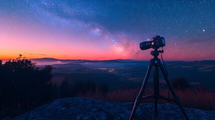 Nighttime scene with a camera tripod set up to capture a panoramic view.