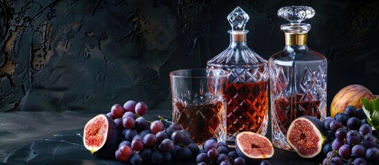 Close up of a crystal decanter and two glasses containing grape fig liqueur on a black background with ripe fruits nearby showcasing a copy space image