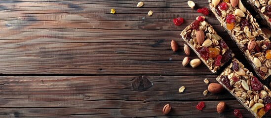 Wall Mural - Close up shot of delicious homemade granola bars adorned with nuts and dried fruits on a wooden surface Perfect banner design with ample copy space image