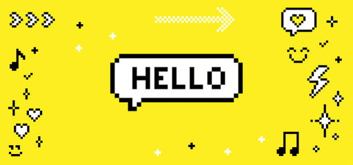 Poster - Pixel art frame with speech bubble text saying Hello and funny naive elements. Smile, music note, heart, sparkle. Vector illustration. Retro design. Y2k trendy playful background, banner. Mood of 90's
