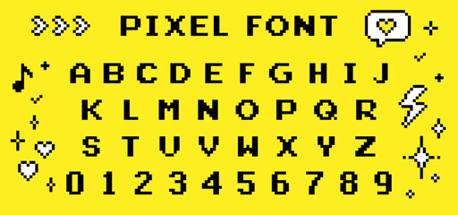 Poster - pixel alphabet letters and number pack. font set in pixel art. mood of 90's aesthetics. 8-bit retro 
