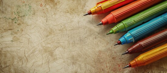 Poster - colorful pens arranged on a beige grunge background with copy space image