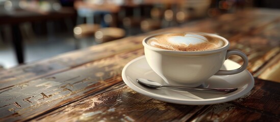 Sticker - Latte art adorned hot coffee cup served in a cafe on a rustic wooden table accompanied by a spoon Background intentionally blurred with copy space image for text