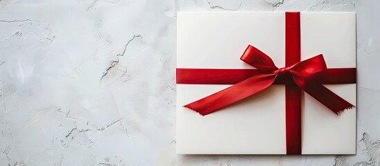 Poster - Top view of a blank card with red satin ribbon on white background with copy space image