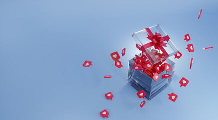 transparent gift box full of heart shape icons candies. box with red ribbon bow. concept of social media popularity and fame. 3d render illustration