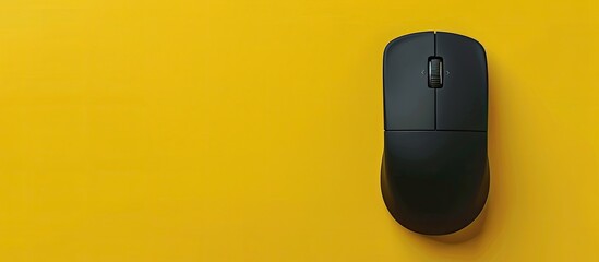 Fototapete - Top view of a black wireless mouse against a yellow backdrop featuring a spacious copy space image