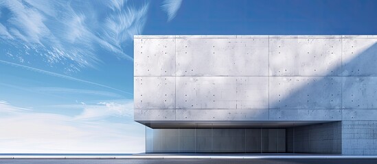 Poster - Modern and minimal office building with geometric gray and white design and a rough concrete wall set against a blue sky background with copy space image