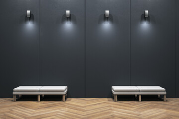 Poster - Modern exhibition hall interior with mock up place on dark wall, wooden flooring and seats. Gallery concept. 3D Rendering.
