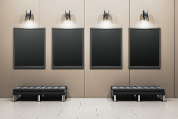 Poster - Modern exhibition hall interior with black mock up banners on light wall, concrete flooring and seats. Gallery concept. 3D Rendering.