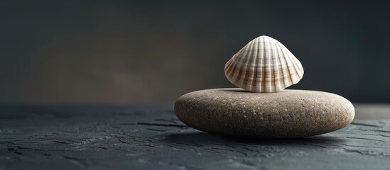 Wall Mural - Business flexibility symbol displayed on a wooden block with sea shell and stone on black paper background creating a visually appealing copy space image