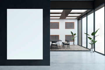 Poster - Contemporary conference room interior with empty white mock up banner on wall, panoramic windows and city view. 3D Rendering.