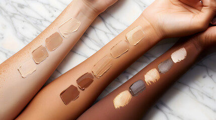 Wall Mural - 4 different shades of foundation swatches on arms of the same skin shade, against a white marble bac