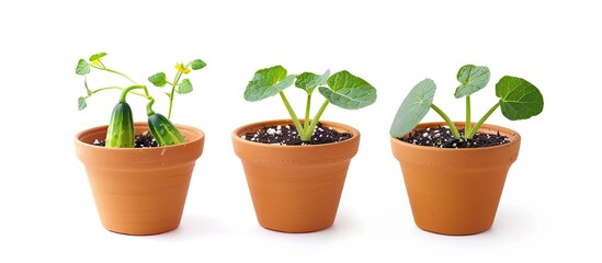 Canvas Print - Baby cucumber seedlings in a ceramic pot growing in a greenhouse ready to plant squash seedlings and a sprout with leaves isolated in a white background close up side view with copy space image