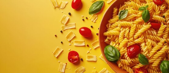 Wall Mural - Top down view of delicious pasta with tomato cheese and basil on a yellow surface offering a blank area for text in the image. Copy space image. Place for adding text and design