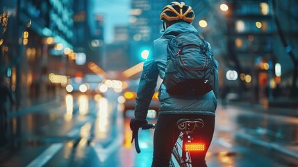 Cyclist with backpack riding in the evening city rain, helmet on, illuminated wet street background, urban transportation concept.