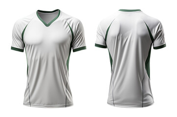 white men's sports jersey uniform set template with green stripes with front and back view, generative ai