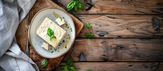 Poster - Appetizing meal plate with rustic cheese from goat or sheep milk on a table with ample copy space top view