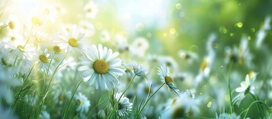 Wall Mural - Close up image of daisies on a bright day in the park with copy space