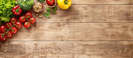 Canvas Print - Various vegetarian items displayed on a bright wooden surface providing ample copy space in the image