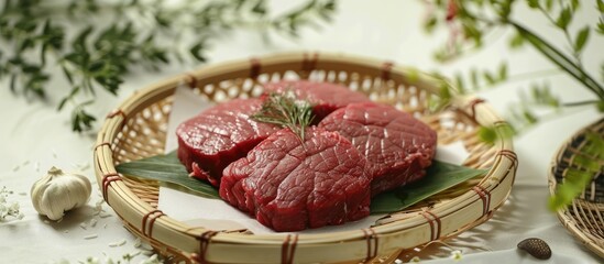 Poster - An image showcasing raw beef meat on a wicker bamboo basket with a white backdrop suitable for Eid al Adha celebrations Qurban feast. Copy space image. Place for adding text and design