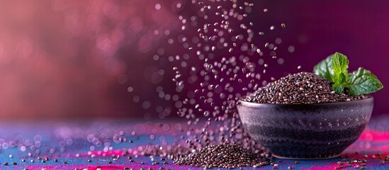 Wall Mural - Bowl with healthy chia seeds on colorful background a nutritious Salvia hispanica on display with a healthy superfood concept creating a vibrant copy space image