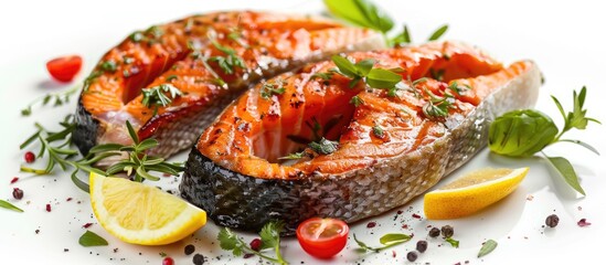 Poster - Salmon steaks baked and healthy displayed on a white background with copy space image complemented by veggies and citrus wedges part of a nutritious diet