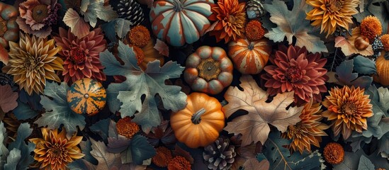 Sticker - Top down view of a fall themed arrangement with pumpkins leaves and chrysanthemums ideal for copy space image