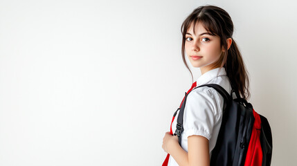 A teenage girl in a school uniform, holding a backpack and looking ready for class