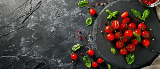 Canvas Print - Circular slate plate with copy space image for cooking healthy eating or vegetarian themes